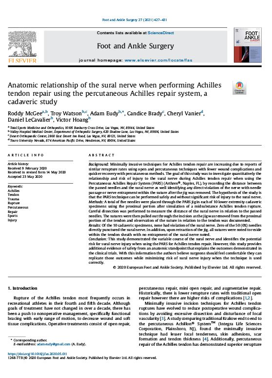 ANATOMIC RELATIONSHIP OF THE SURAL NERVE WHEN PERFORMING ACHILLES TENDON REPAIR USING THE PERCUTANEOUS ACHILLES REPAIR SYSTEM, A CADAVERIC STUDY